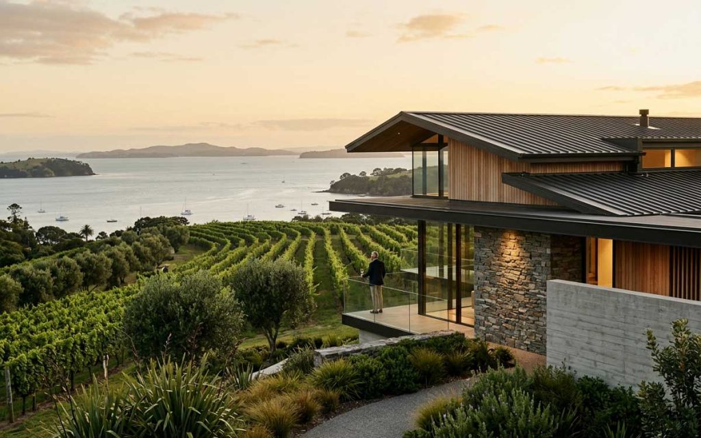Luxury vineyard estate with contemporary architecture overlooking the Hauraki Gulf, New Zealand.