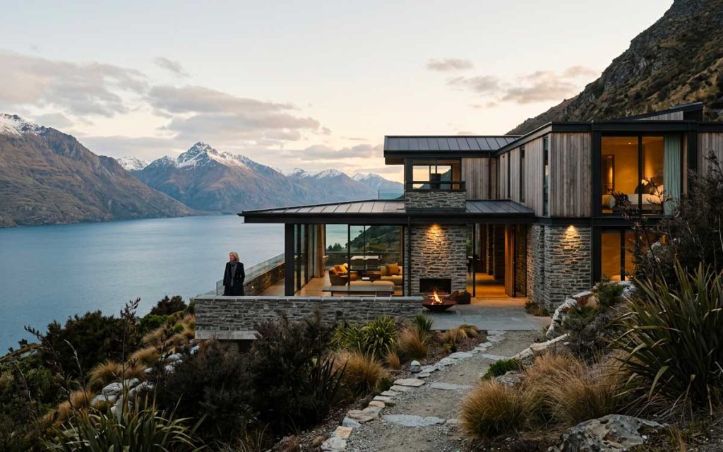 Luxury alpine estate overlooking Lake Wakatipu and the Southern Alps, New Zealand.
